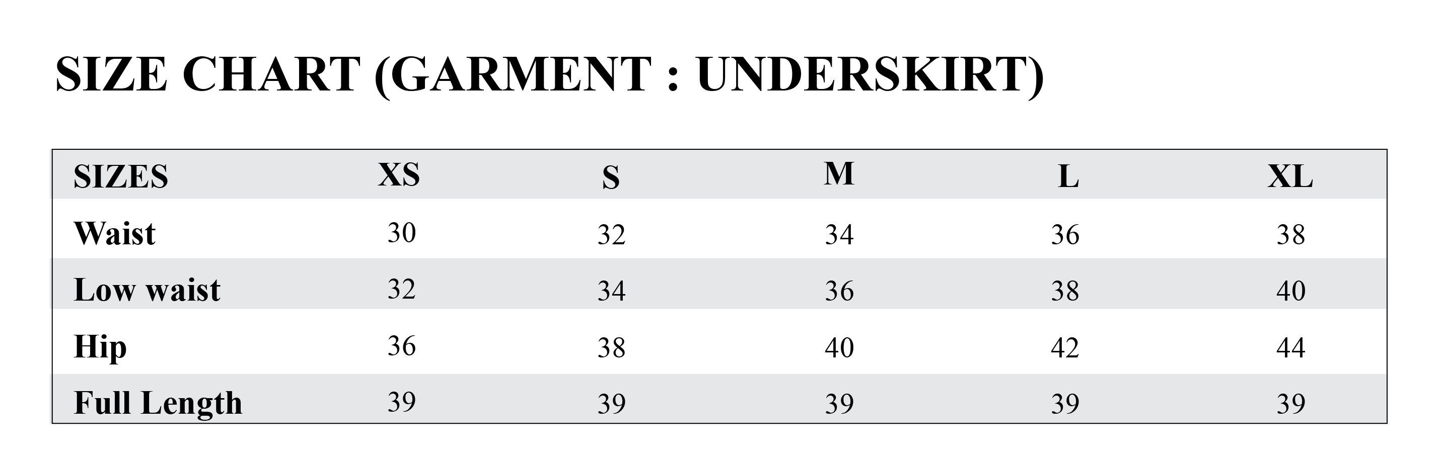 Underskirt Size Chart